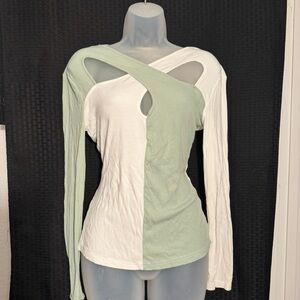 Green and white split long sleeve top